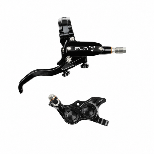 Travão HOPE TECH 4 EVO TR4 preto/preto — manete e pinça sobre fundo branco