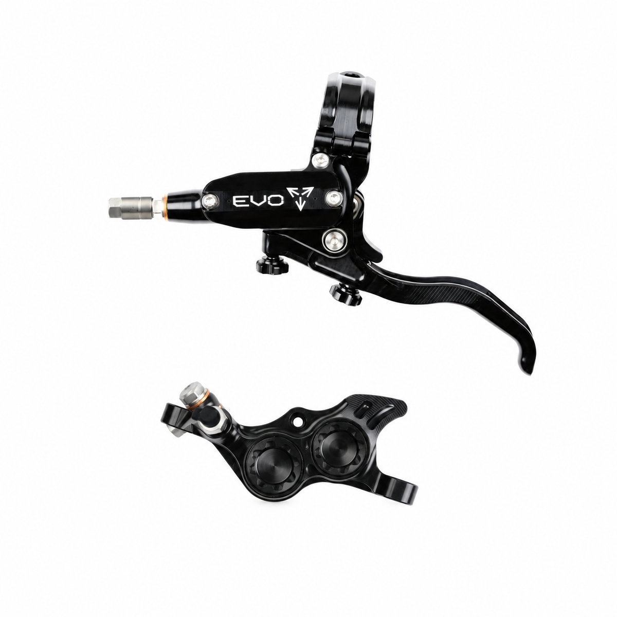 Travão HOPE TECH 4 EVO TR4 preto/preto — manete e pinça sobre fundo branco