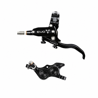 Travão HOPE TECH 4 EVO TR4 preto/preto — manete e pinça sobre fundo branco