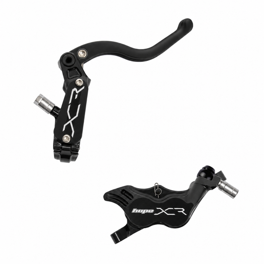 Travão HOPE XCR PRO E4 PM preto — manete e pinça sobre fundo branco