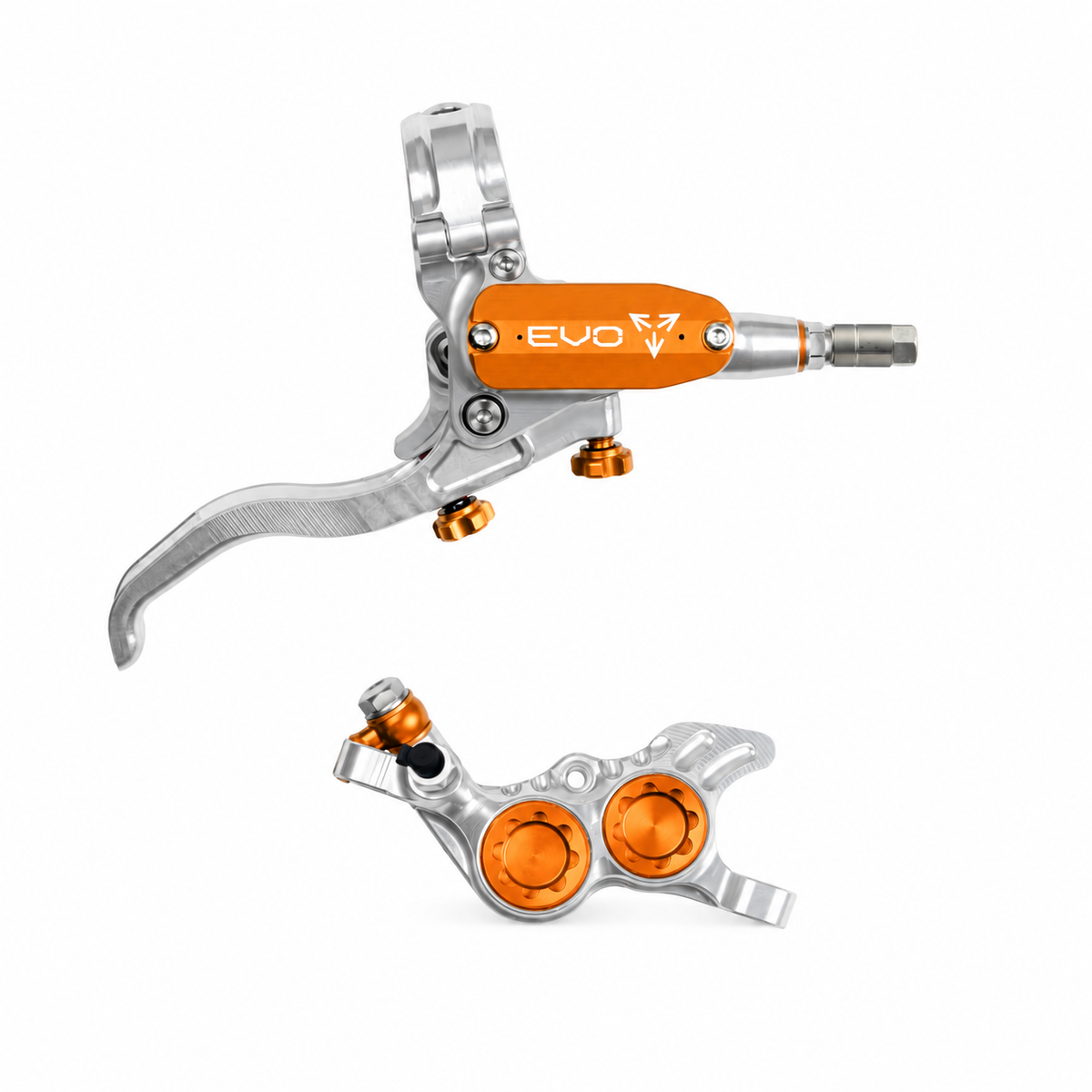 Travão HOPE TECH 4 EVO GR4 prateado/laranja — manete e pinça sobre fundo branco