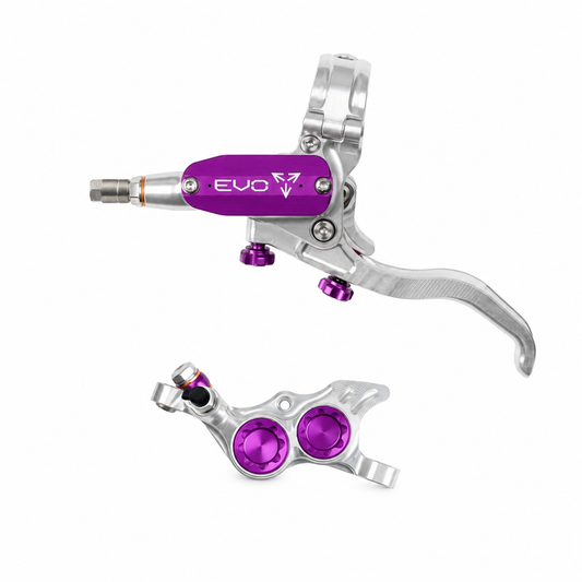 Travão HOPE TECH 4 EVO TR4 prateado/violeta — manete e pinça sobre fundo branco