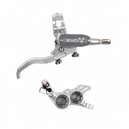 Travão HOPE TECH 4 EVO GR4 prateado/fumado — manete e pinça sobre fundo branco