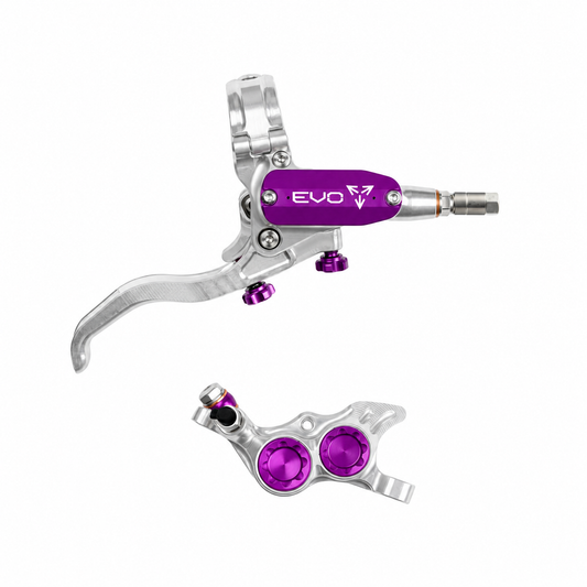 Travão HOPE TECH 4 EVO TR4 prateado/violeta — manete e pinça sobre fundo branco