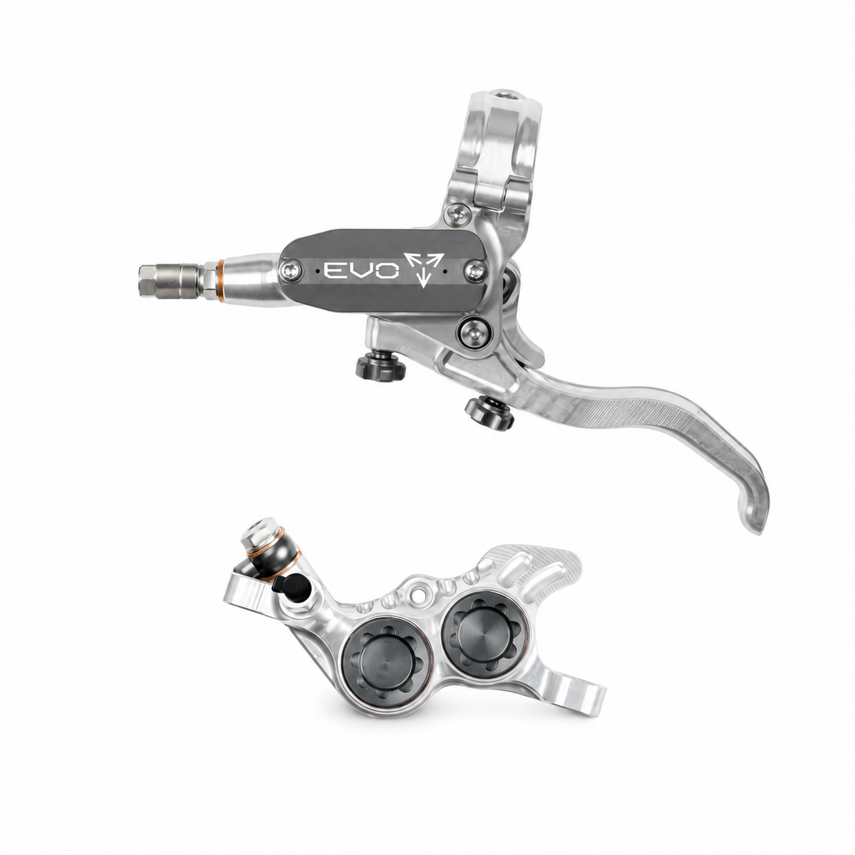 Travão HOPE TECH 4 EVO GR4 prateado/fumado — manete e pinça sobre fundo branco