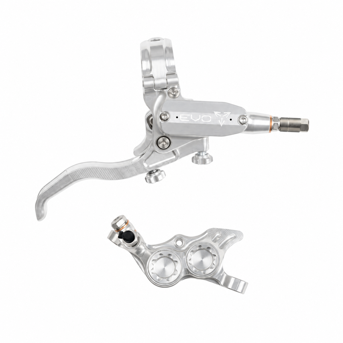 Travão HOPE TECH 4 EVO TR4 prateado/prateado — manete e pinça sobre fundo branco