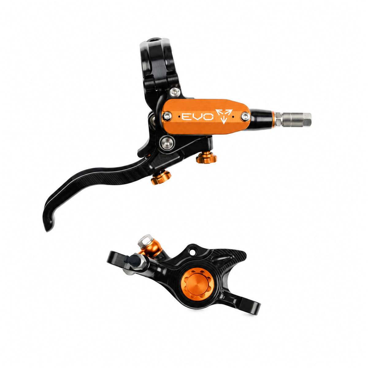 Travão HOPE TECH 4 EVO X2 PM preto/laranja — manete e pinça sobre fundo branco