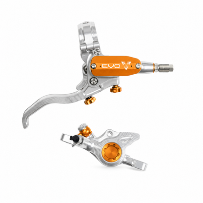 Travão HOPE TECH 4 EVO X2 PM prateado/laranja — manete e pinça sobre fundo branco