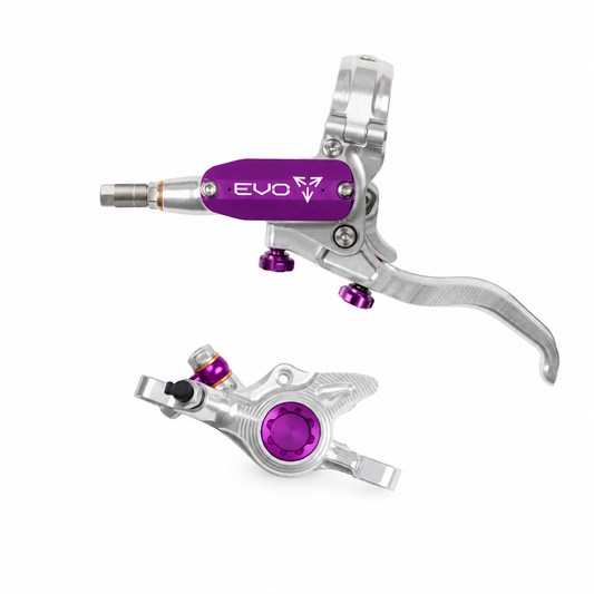 Travão HOPE TECH 4 EVO X2 PM prateado/roxo — manete e pinça sobre fundo branco