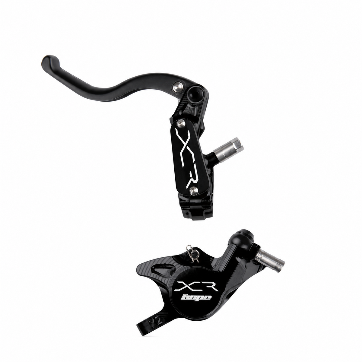 Travão HOPE XCR PRO X2 PM preto — manete e pinça sobre fundo branco
