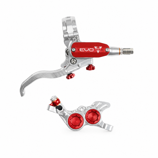 Travão HOPE TECH 4 EVO GR4 Prateado/Vermelho — manete e pinça sobre fundo branco