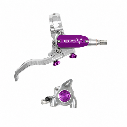 Travão HOPE TECH 4 EVO X2 FM Prateado/Roxo — manete e pinça sobre fundo branco