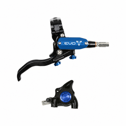 Travão HOPE TECH 4 EVO X2 FM preto/azul — manete e pinça sobre fundo branco