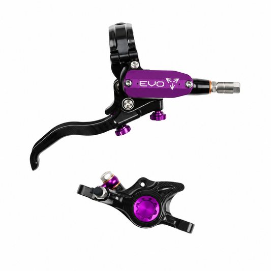 Travão HOPE TECH 4 EVO X2 PM preto/violeta — manete e pinça sobre fundo branco