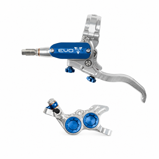 Travão HOPE TECH 4 EVO GR4 prateado/azul — manete e pinça sobre fundo branco
