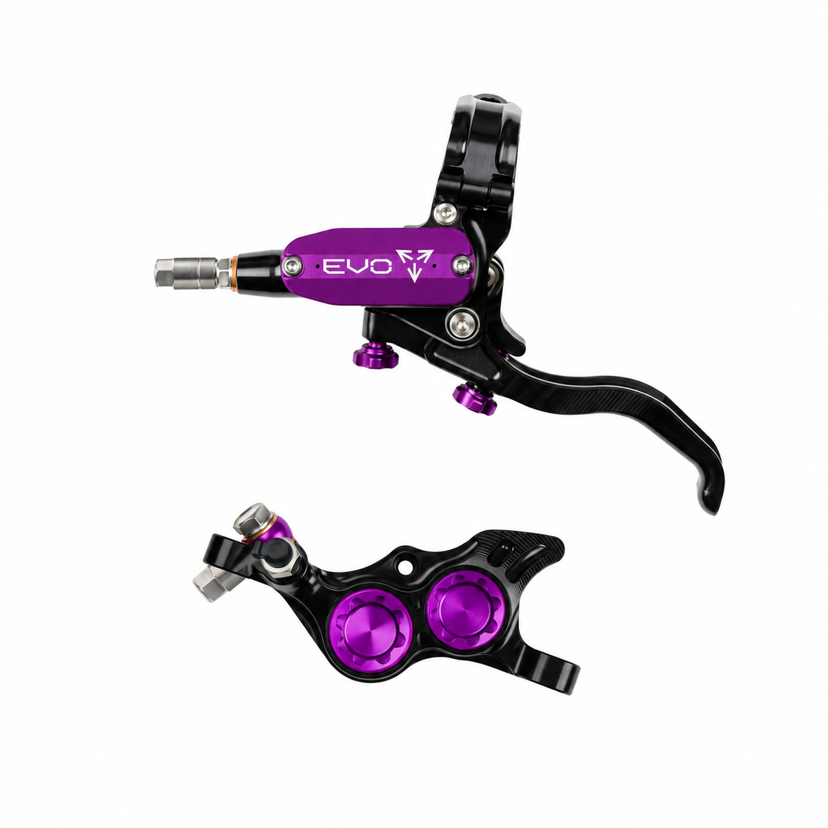 Travão HOPE TECH 4 EVO TR4 preto/violeta — manete e pinça sobre fundo branco