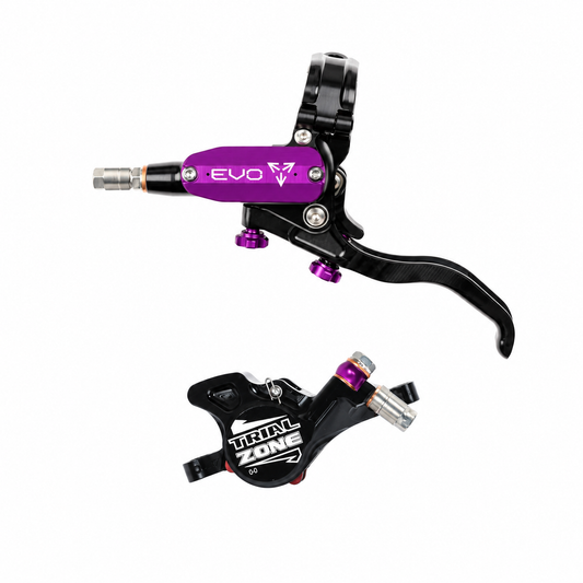 Travão HOPE TECH 4 EVO TRIAL ZONE N9 Roxo — manete e pinça sobre fundo branco