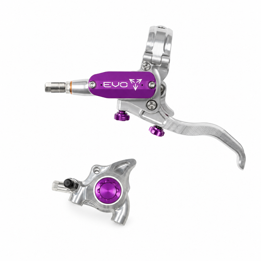 Travão HOPE TECH 4 EVO X2 FM Prateado/Roxo — manete e pinça sobre fundo branco