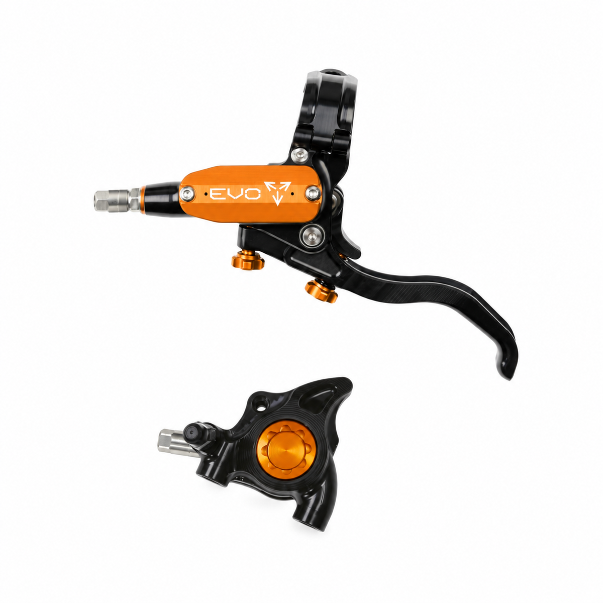 Travão HOPE TECH 4 EVO X2 FM preto/laranja — manete e pinça sobre fundo branco