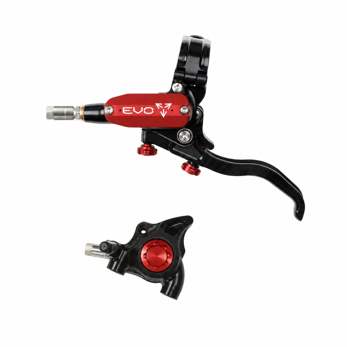 Travão HOPE TECH 4 EVO X2 FM preto/vermelho — manete e pinça sobre fundo branco