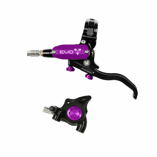Travão HOPE TECH 4 EVO X2 FM preto/violeta — manete e pinça sobre fundo branco