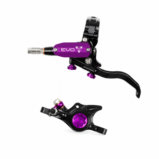Travão HOPE TECH 4 EVO X2 PM preto/violeta — manete e pinça sobre fundo branco