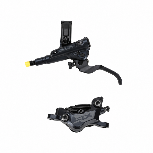 Travão SHIMANO SLX M7120 de 4 pistões J-Kit com pastilhas ventiladas — manete e pinça sobre fundo branco