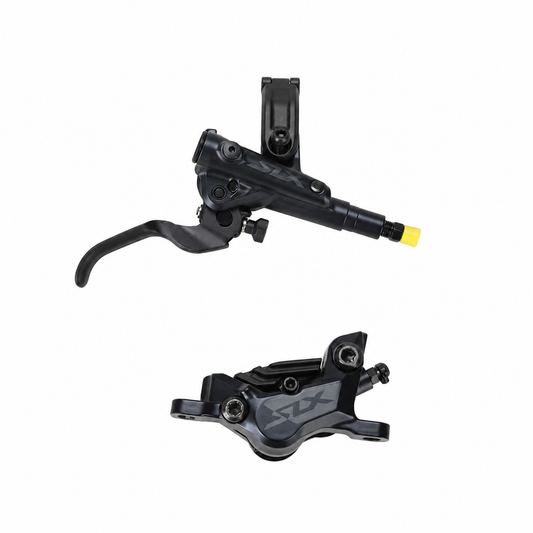 Travão SHIMANO SLX M7120 de 4 pistões J-Kit com pastilhas ventiladas — manete e pinça sobre fundo branco