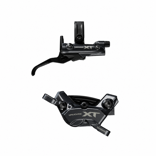 Travão SHIMANO XT M8220 Enduro de 4 pistões — manete e pinça sobre fundo branco