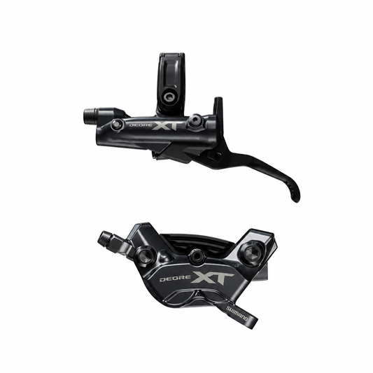 Travão SHIMANO XT M8220 Enduro de 4 pistões — manete e pinça sobre fundo branco