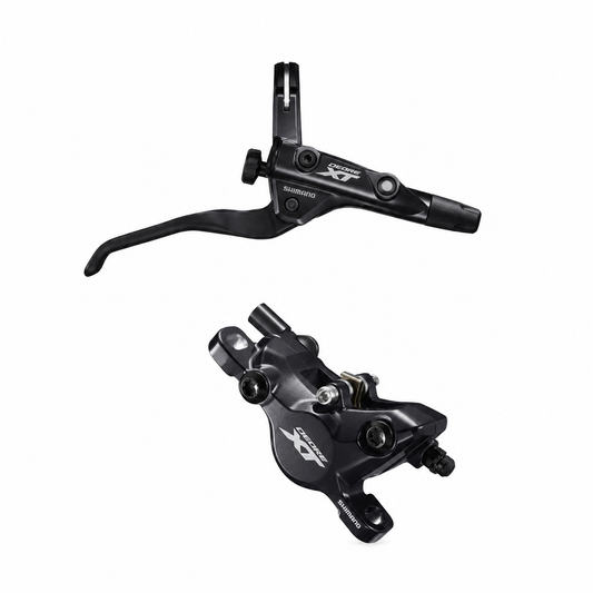 Travão SHIMANO DEORE XT BR-M8100 / BL-T8100 com manete de trekking de 3 dedos — manete e pinça sobre fundo branco