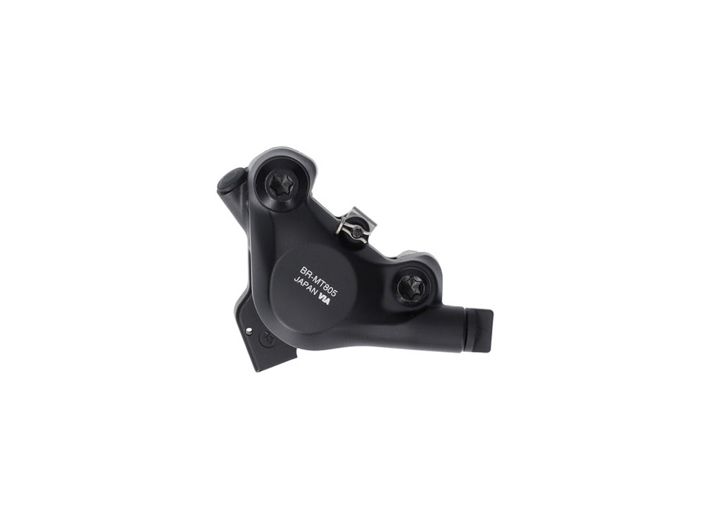 Pinça de travão SHIMANO BR-MT805 Flat Mount sem aletas — vista do lado oposto e referência