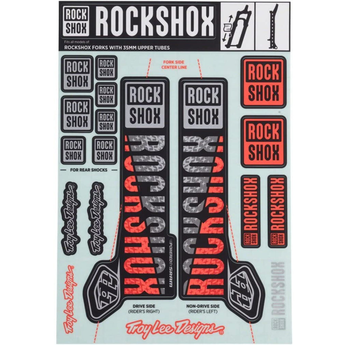 Kit de autocolantes para forquilha ROCKSHOX TROY LEE DESIGNS 35 mm MY18 para PIKE/LYRIK/YARI/DOMAIN/REVELATION Prata/Laranja #00.4318.021.001