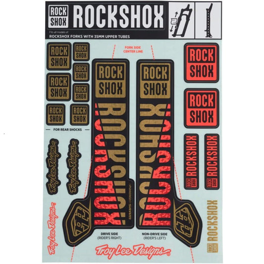 Kit de autocolantes para suspensão ROCKSHOX TROY LEE DESIGNS 35 mm MY18 para PIKE/LYRIK/YARI/DOMAIN/REVELATION Dourado/Laranja #00.4318.021.000