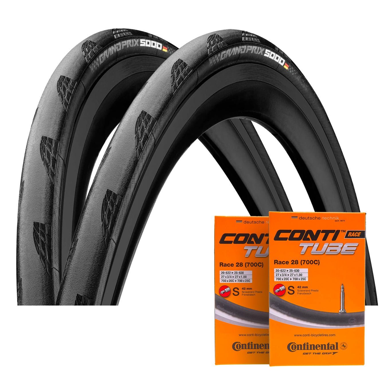 Par de pneus CONTINENTAL GRAND PRIX 5000 700x25c TubeType Black + Par de câmaras de ar CONTINENTAL RACE 700x20/25c Presta 60mm