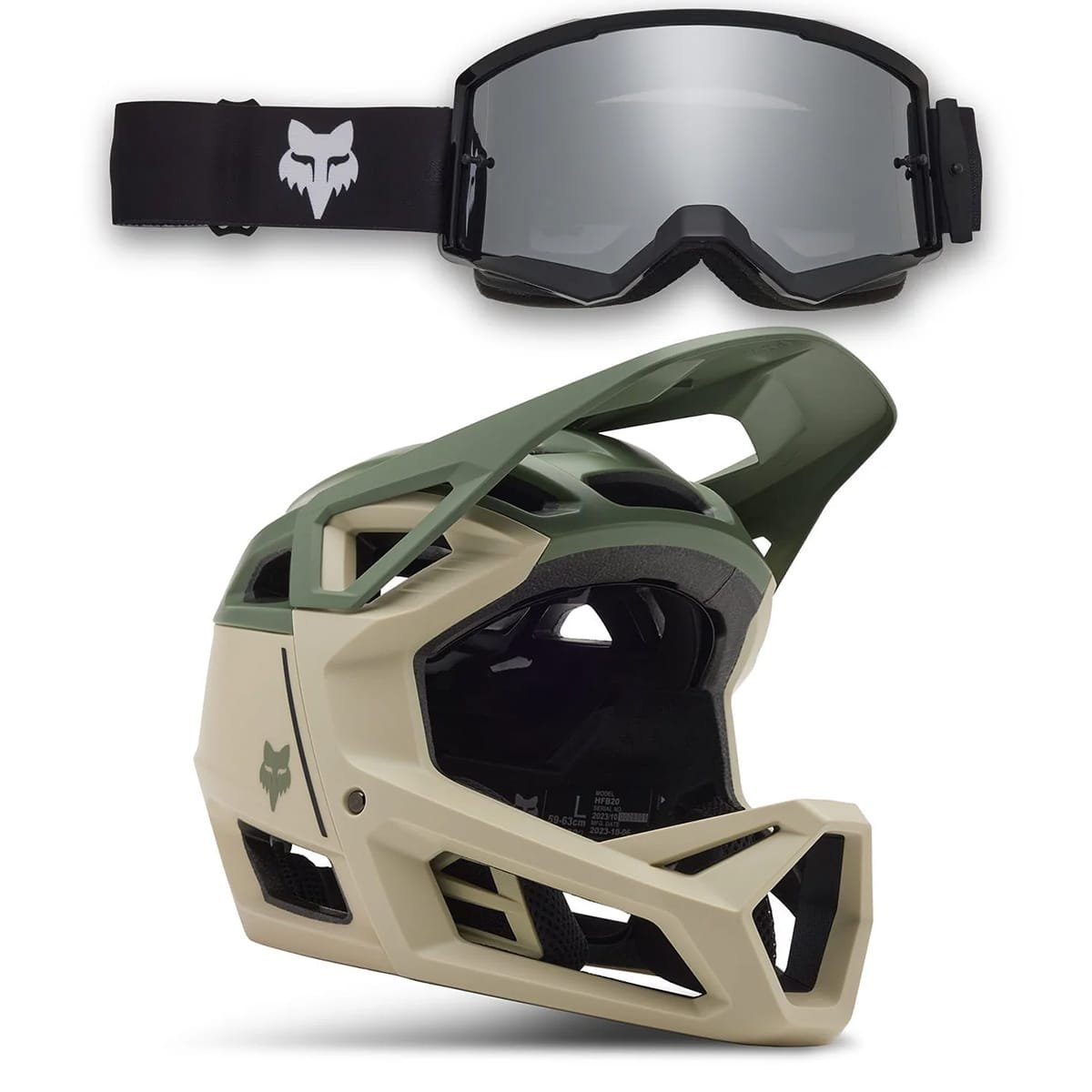 FOX Combo: Capacete BTT PROFRAME CLYZO MIPS Bege/Verde + FOX MAIN CORE SPARK Máscara Preta 2024